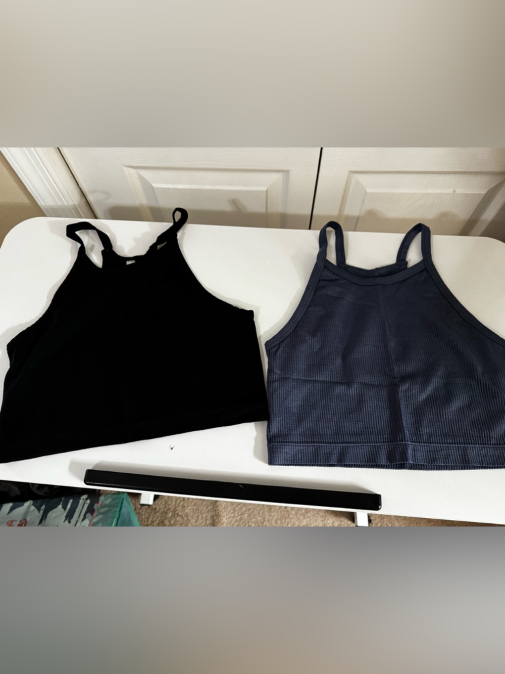 Set of Two Ribbed Tank Tops/sports bras - Black & Slate Blue